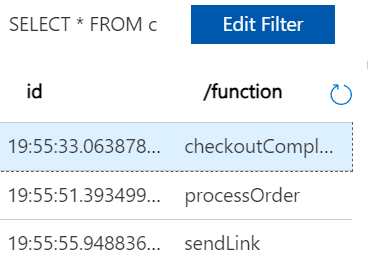 Three CosmosDB records showing all three functions running once each